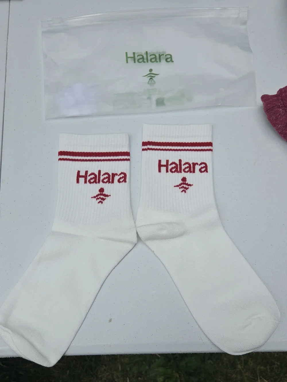 HALARA White Crew Socks with Burgundy Logo and Stripes